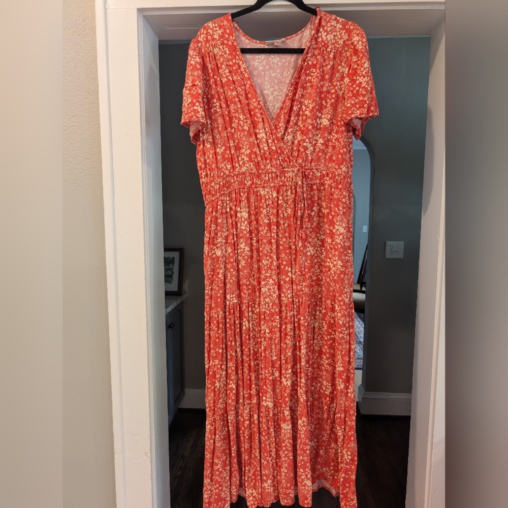 Knox Rose Pink Boho Floral Print Tiered A Line Midi Dress XL